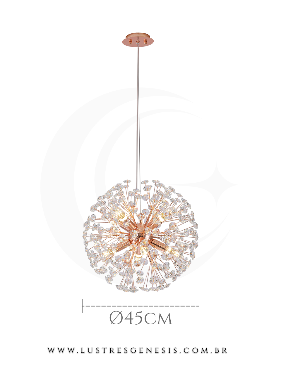Pendente Dente de Leão Rose Gold de 45cm com design sofisticado, ideal para sala de jantar, quartos, sala de estar e apartamento, da marca Sindora.